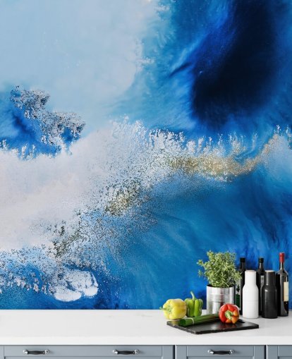 murale blu personalizzabile astratto sull'oceano chiamato Floating Reef di Petra Meikle de Vlas per bagni e salotti