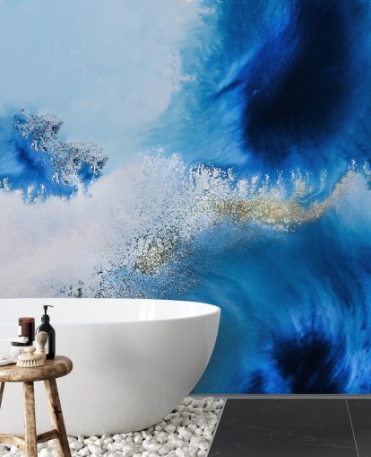 murale blu personalizzabile astratto sull'oceano chiamato Floating Reef di Petra Meikle de Vlas per bagni e salotti