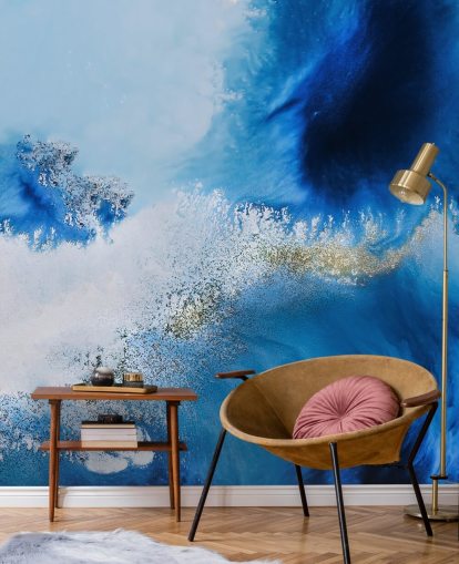 mural azul personalizável abstrato de parede oceânica chamado Floating Reef de Petra Meikle de Vlas para banheiros e salas de estar