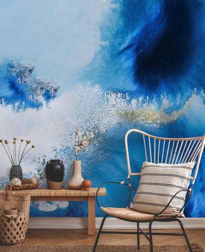 mural de pared azul abstracto personalizable llamado Floating Reef de Petra Meikle de Vlas para baños y salas de estar