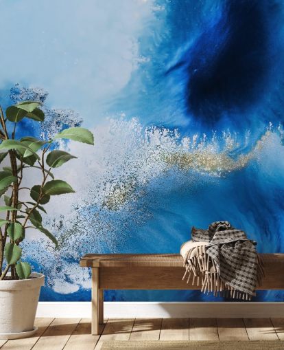 blauwe aanpasbare abstracte oceaanmuurschildering genaamd Floating Reef van Petra Meikle de Vlas voor badkamers en woonkamers blauwe aanpasbare abstracte oceaanmuurschildering genaamd Floating Reef van Petra Meikle de Vlas voor badkamers en woonkamers