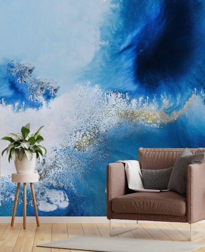 fresque murale abstraite bleue personnalisable sur l'océan appelée Floating Reef par Petra Meikle de Vlas pour les salles de bain et les salons