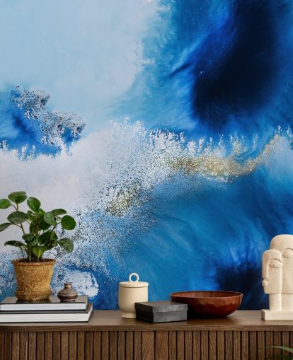 blaues personalisierbares abstraktes Ozean-Wandbild namens Floating Reef von Petra Meikle de Vlas für Badezimmer und Wohnzimmer