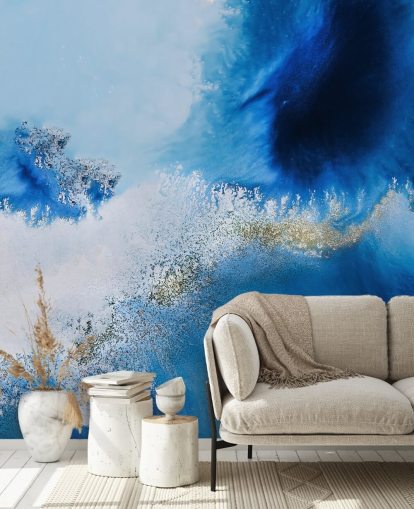 murale blu personalizzabile astratto sull'oceano chiamato Floating Reef di Petra Meikle de Vlas per bagni e salotti