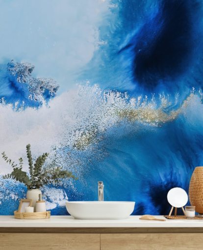 mural de pared azul abstracto personalizable llamado Floating Reef de Petra Meikle de Vlas para baños y salas de estar