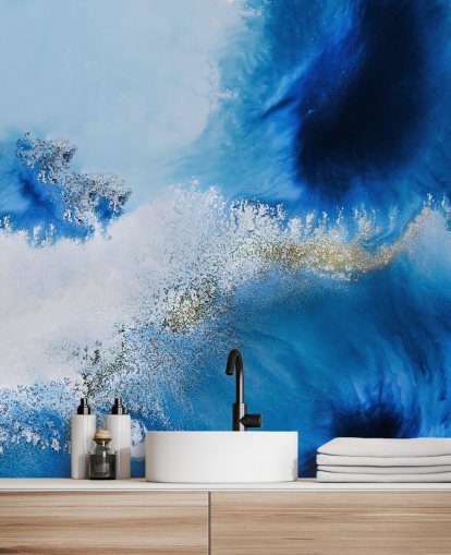 blue customizable abstract ocean wall mural called Floating Reef by Petra Meikle de Vlas for bathrooms and living rooms