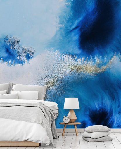 fresque murale abstraite bleue personnalisable sur l'océan appelée Floating Reef par Petra Meikle de Vlas pour les salles de bain et les salons