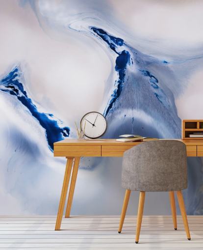 mural abstracto personalizable en blanco y azul llamado Gentle Flow de Petra Meikle de Vlas