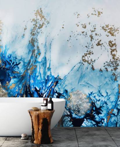 Personalisierbares abstraktes Wandbild in Blau und Gold namens Gently Drifting für Schlafzimmer, Wohnzimmer und Badezimmer Personalisierbares abstraktes Wandbild in Blau und Gold namens Gently Drifting für Schlafzimmer, Wohnzimmer und Badezimmer