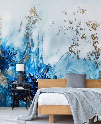 mural abstracto personalizable azul y dorado llamado Gently Drifting para dormitorios, salas de estar y baños