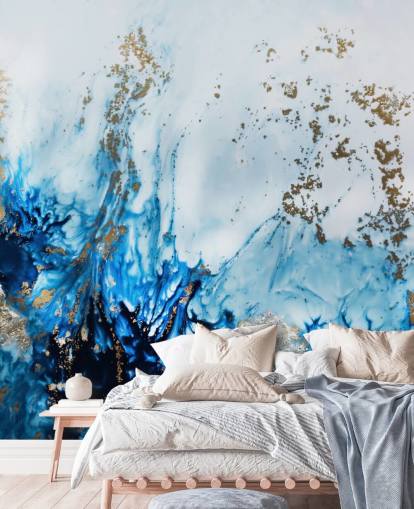 blauwe en gouden aanpasbare abstracte muurschildering genaamd Gently Drifting voor slaapkamers, woonkamers en badkamers blauwe en gouden aanpasbare abstracte muurschildering genaamd Gently Drifting voor slaapkamers, woonkamers en badkamers