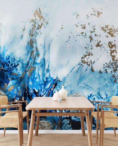 mural abstracto personalizable azul y dorado llamado Gently Drifting para dormitorios, salas de estar y baños