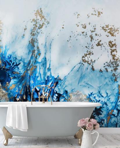 mural abstrato personalizável em azul e dourado chamado Gently Drifting para quartos, salas de estar e banheiros mural abstrato personalizável em azul e dourado chamado Gently Drifting para quartos, salas de estar e banheiros