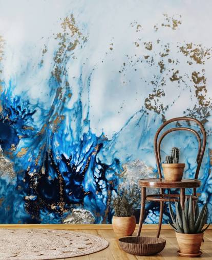 peinture murale abstraite personnalisable bleue et dorée appelée Gently Drifting pour les chambres, les salons et les salles de bain peinture murale abstraite personnalisable bleue et dorée appelée Gently Drifting pour les chambres, les salons et les salles de bain