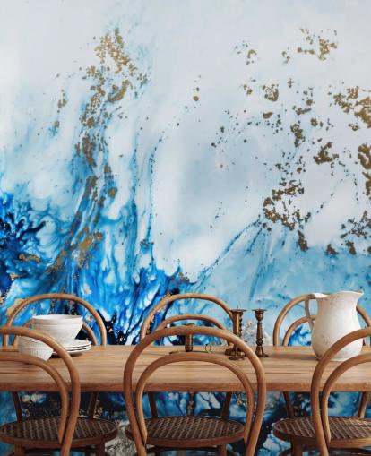 blue and gold customisable abstract mural called Gently Drifting for bedrooms, living rooms and bathrooms