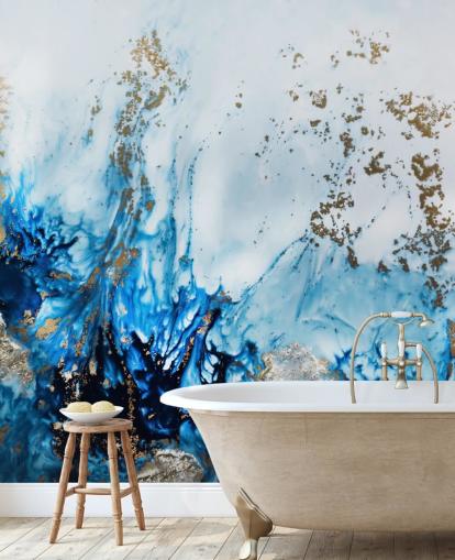 peinture murale abstraite personnalisable bleue et dorée appelée Gently Drifting pour les chambres, les salons et les salles de bain