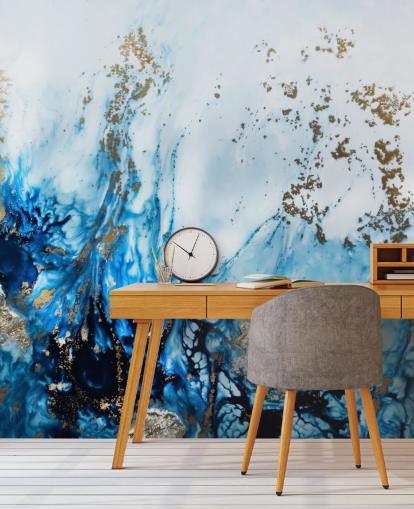 blauwe en gouden aanpasbare abstracte muurschildering genaamd Gently Drifting voor slaapkamers, woonkamers en badkamers blauwe en gouden aanpasbare abstracte muurschildering genaamd Gently Drifting voor slaapkamers, woonkamers en badkamers