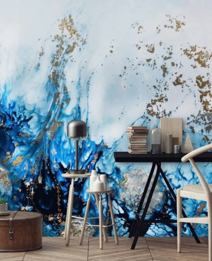 blue and gold customisable abstract mural called Gently Drifting for bedrooms, living rooms and bathrooms