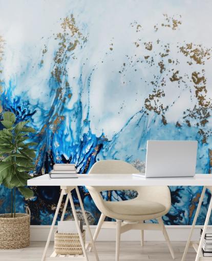 peinture murale abstraite personnalisable bleue et dorée appelée Gently Drifting pour les chambres, les salons et les salles de bain peinture murale abstraite personnalisable bleue et dorée appelée Gently Drifting pour les chambres, les salons et les salles de bain