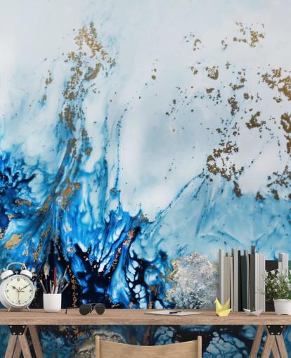 blue and gold customizable abstract mural called Gently Drifting for bedrooms, living rooms and bathrooms