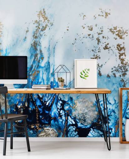 peinture murale abstraite personnalisable bleue et dorée appelée Gently Drifting pour les chambres, les salons et les salles de bain peinture murale abstraite personnalisable bleue et dorée appelée Gently Drifting pour les chambres, les salons et les salles de bain