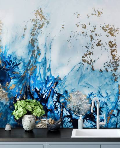 blue and gold customizable abstract mural called Gently Drifting for bedrooms, living rooms and bathrooms