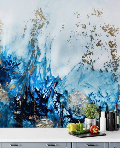 mural abstracto personalizable azul y dorado llamado Gently Drifting para dormitorios, salas de estar y baños mural abstracto personalizable azul y dorado llamado Gently Drifting para dormitorios, salas de estar y baños