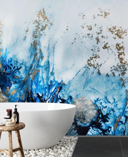 blue and gold customisable abstract mural called Gently Drifting for bedrooms, living rooms and bathrooms