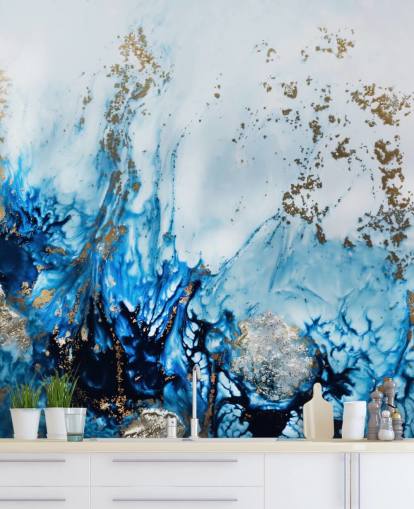 blue and gold customizable abstract mural called Gently Drifting for bedrooms, living rooms and bathrooms