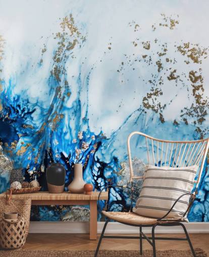 blue and gold customizable abstract mural called Gently Drifting for bedrooms, living rooms and bathrooms