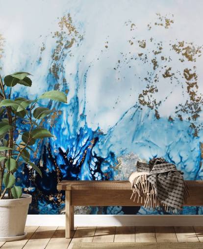 blauwe en gouden aanpasbare abstracte muurschildering genaamd Gently Drifting voor slaapkamers, woonkamers en badkamers blauwe en gouden aanpasbare abstracte muurschildering genaamd Gently Drifting voor slaapkamers, woonkamers en badkamers