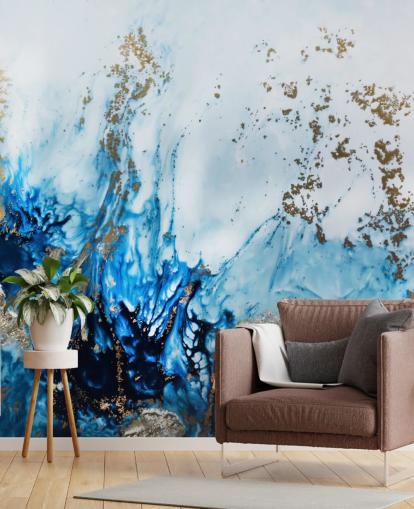 peinture murale abstraite personnalisable bleue et dorée appelée Gently Drifting pour les chambres, les salons et les salles de bain peinture murale abstraite personnalisable bleue et dorée appelée Gently Drifting pour les chambres, les salons et les salles de bain