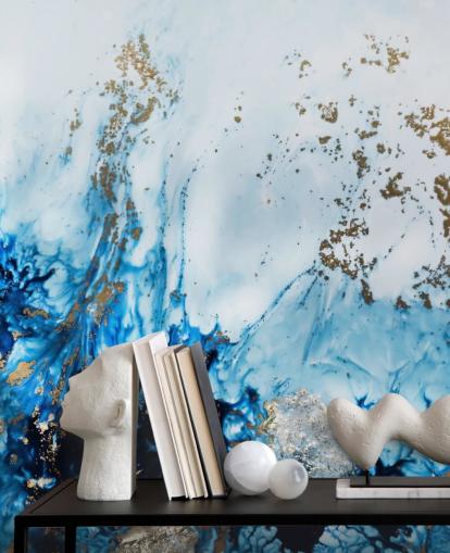 Personalisierbares abstraktes Wandbild in Blau und Gold namens Gently Drifting für Schlafzimmer, Wohnzimmer und Badezimmer