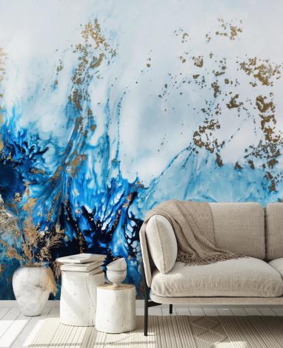 blauwe en gouden aanpasbare abstracte muurschildering genaamd Gently Drifting voor slaapkamers, woonkamers en badkamers