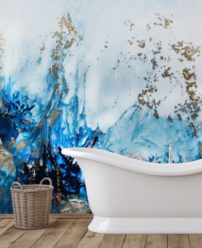 peinture murale abstraite personnalisable bleue et dorée appelée Gently Drifting pour les chambres, les salons et les salles de bain