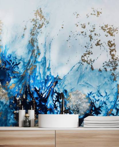 blue and gold customizable abstract mural called Gently Drifting for bedrooms, living rooms and bathrooms