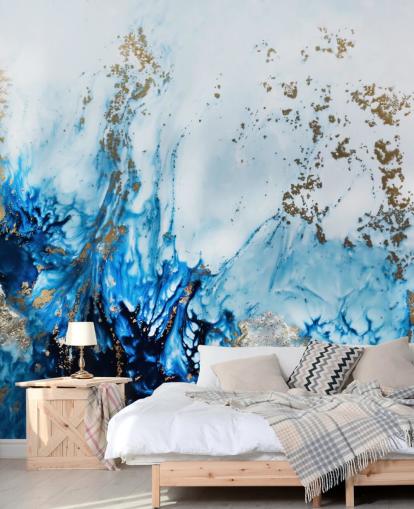 Personalisierbares abstraktes Wandbild in Blau und Gold namens Gently Drifting für Schlafzimmer, Wohnzimmer und Badezimmer Personalisierbares abstraktes Wandbild in Blau und Gold namens Gently Drifting für Schlafzimmer, Wohnzimmer und Badezimmer