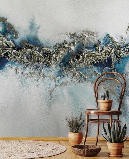 vit, blå och guld anpassningsbar abstrakt väggmålning kallad Gilded Weave av Petra Meikle de Vlas vit, blå och guld anpassningsbar abstrakt väggmålning kallad Gilded Weave av Petra Meikle de Vlas