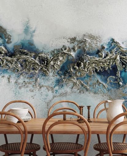 fresque murale abstraite personnalisable blanche, bleue et dorée appelée Gilded Weave par Petra Meikle de Vlas