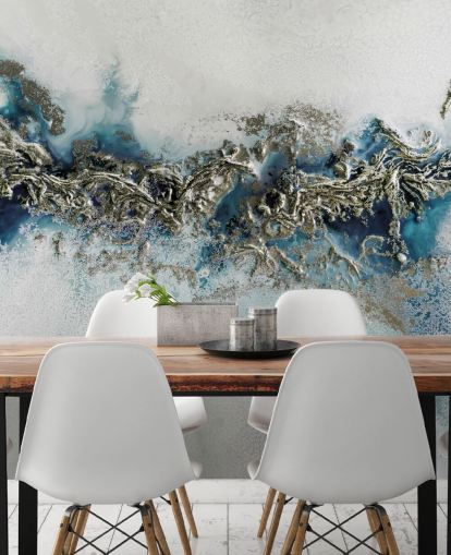 white, blue and gold customisable abstract wall mural called Gilded Weave by Petra Meikle de Vlas