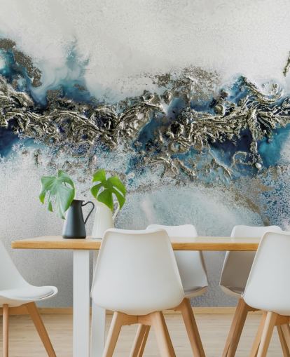 white, blue and gold customizable abstract wall mural called Gilded Weave by Petra Meikle de Vlas