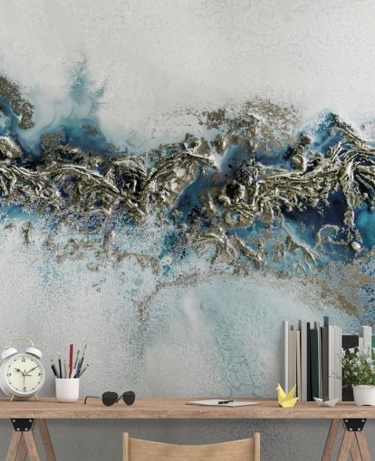 mural de pared abstracto personalizable blanco, azul y dorado llamado Gilded Weave de Petra Meikle de Vlas