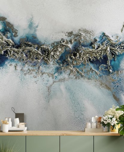 fresque murale abstraite personnalisable blanche, bleue et dorée appelée Gilded Weave par Petra Meikle de Vlas fresque murale abstraite personnalisable blanche, bleue et dorée appelée Gilded Weave par Petra Meikle de Vlas