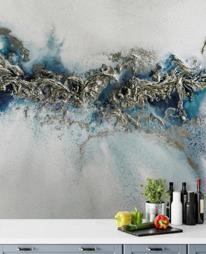white, blue and gold customisable abstract wall mural called Gilded Weave by Petra Meikle de Vlas