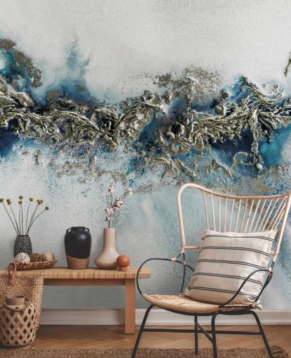 mural de pared abstracto personalizable blanco, azul y dorado llamado Gilded Weave de Petra Meikle de Vlas