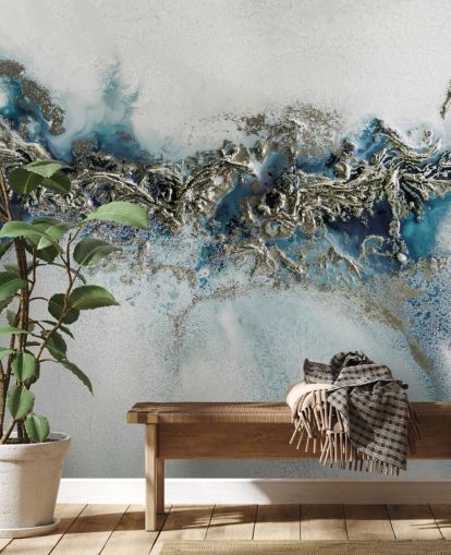 mural de pared abstracto personalizable blanco, azul y dorado llamado Gilded Weave de Petra Meikle de Vlas