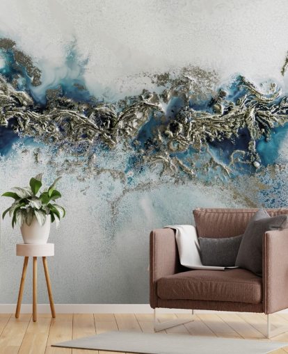 witte, blauwe en gouden aanpasbare abstracte muurschildering genaamd Gilded Weave van Petra Meikle de Vlas witte, blauwe en gouden aanpasbare abstracte muurschildering genaamd Gilded Weave van Petra Meikle de Vlas