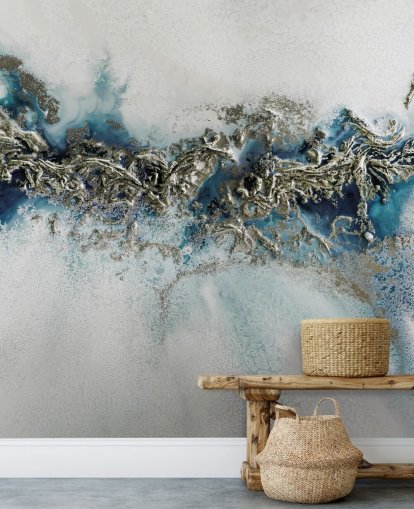 mural de parede abstrato personalizável branco, azul e dourado chamado Gilded Weave de Petra Meikle de Vlas