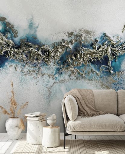 mural de parede abstrato personalizável branco, azul e dourado chamado Gilded Weave de Petra Meikle de Vlas