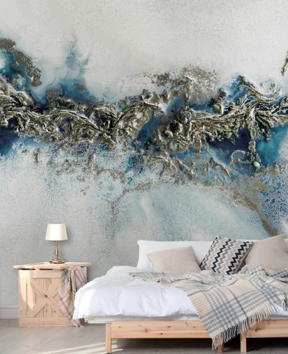 white, blue and gold customisable abstract wall mural called Gilded Weave by Petra Meikle de Vlas